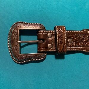 Nocona, womens dark brown tooled belt, size 34